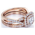JeenMata 1.25 ct - Square Moissanite - Double Halo - Twisted Band - Vintage Inspired - Pave - Wedding Ring Set in 18K Rose Gold over Silver