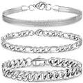 APSVO 3 Pcs Sterling Silver Bracelets for Men Women Boys,Charm Bracelet Cuban Link Curb Figaro Herringbone Chain Bracelets Set Jewelry Birthday Teen Graduation Father's Day Gifts 6.5/7/7.5/8.3/9 Inch