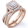 JeenMata 1.25 ct - Square Moissanite - Double Halo - Twisted Band - Vintage Inspired - Pave - Wedding Ring Set in 18K Rose Gold over Silver