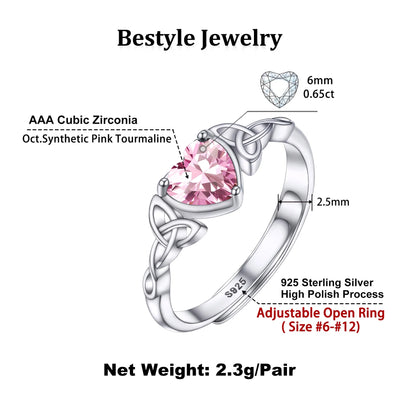 Bestyle Infinity Love Celtic Knot Rings Women Sterling Silver Heart Rings October Pink Tourmaline Gemstone Rings for Her Mom Daughter