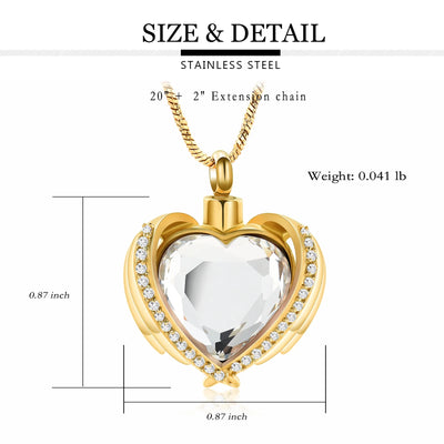 Cremation Jewelry Angel Wing Heart Urn Pendant Necklaces for Women Crystal Birthstone Urns for Human Ashes Memorial Locket Keepsake Ashes Jewelry