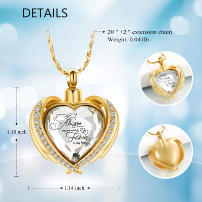 Cremation Jewelry Angel Wing Heart Urn Pendant Necklaces for Women Crystal Birthstone Urns for Human Ashes Memorial Locket Keepsake Ashes Jewelry