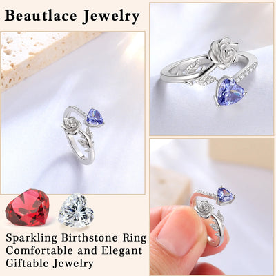 Beautlace Rose Heart Birthstone Ring,925 Sterling Silver Adjustable Open Heart Rings Jewelry Gifts for Women Mom -December