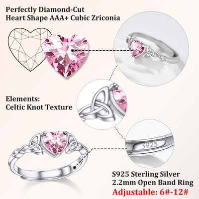 Bestyle Infinity Love Celtic Knot Rings Women Sterling Silver Heart Rings October Pink Tourmaline Gemstone Rings for Her Mom Daughter
