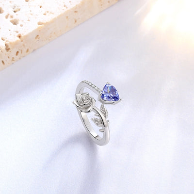 Beautlace Rose Heart Birthstone Ring,925 Sterling Silver Adjustable Open Heart Rings Jewelry Gifts for Women Mom -December