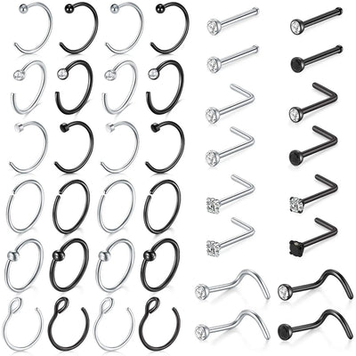 Briana Williams L Shape 316L Surgical Steel 18g Hypoallergenic Nose Rings Hoops, 8mm/10mm, 40pcs
