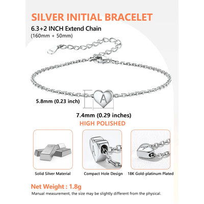 Silvora Initial C Bracelet Women Sterling Silver Letter Chic Silver Heart Bracelets