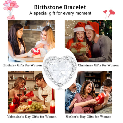 APSVO 18K White Gold Plated Love Heart Charm Bracelets for Women Teen Girls Kid Mom,CZ S925 Sterling Silver April Birthstone Bracelets with Crystal,Dainty Birthday Mother's Day Jewelry Gifts for Her